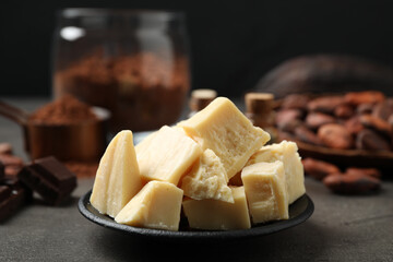 Organic cocoa butter in plate on grey table