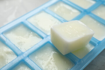 Ice cube tray with frozen milk on grey table, closeup