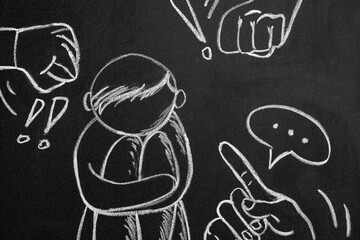People bullying sad human drawn on blackboard - obrazy, fototapety, plakaty