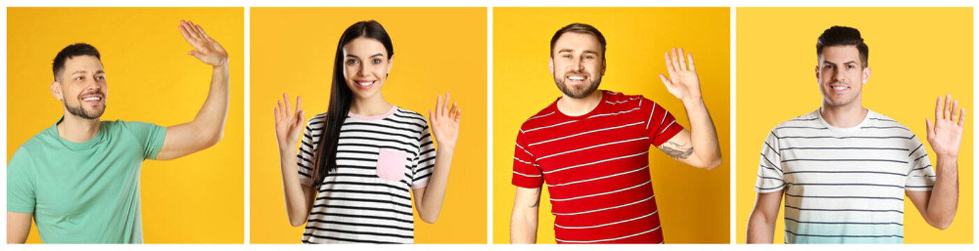 Collage with photos of cheerful people showing hello gesture on yellow background. Banner design