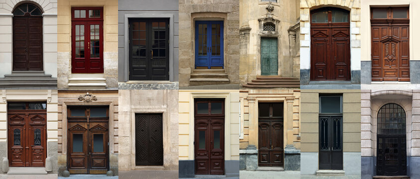 Collage with photos of old buildings with elegant wooden front doors. Banner design