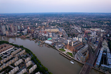 Aerial London, England, City Area Sunset up the Thames towards Big Ben