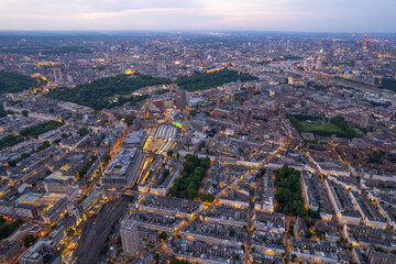 Aerial London, England, City Area Sunset up the Thames towards Big Ben
