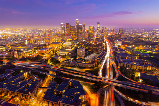 Downtown Los Angeles At Sunset DTLA Aerial View