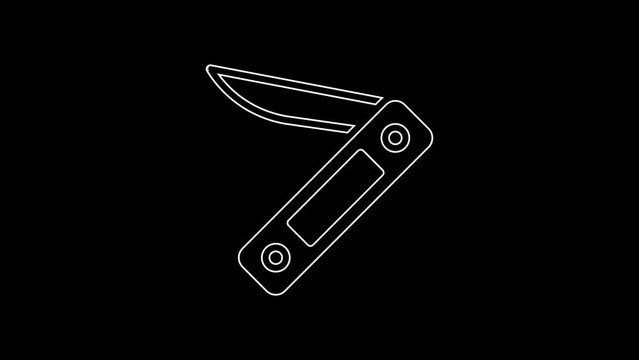 White line Swiss army knife icon isolated on black background. Multi-tool, multipurpose penknife. Multifunctional tool. 4K Video motion graphic animation