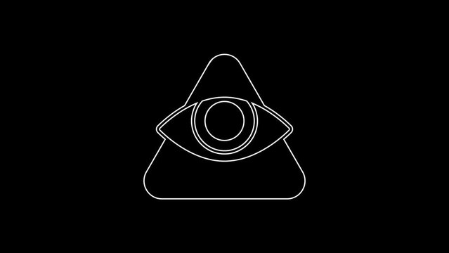 White line Masons symbol All-seeing eye of God icon isolated on black background. The eye of Providence in the triangle. 4K Video motion graphic animation