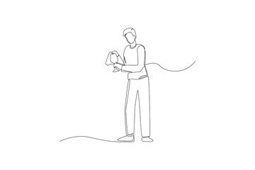 Continuous one line drawing office boy cleaning glass in office kitchen. Office cleaning services concept. Single line draw design vector graphic illustration.