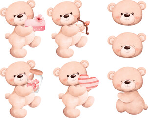 Watercolor Illustration set cute teddy bear 