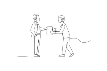 Continuous one line drawing manager received document from office boy. Office cleaning services concept. Single line draw design vector graphic illustration.