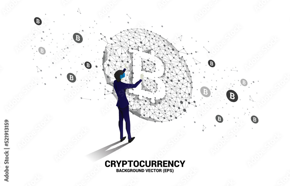 Poster silhouette man wear vr glasses with bitcoin icon from polygon dot connect line. concept for cryptocu