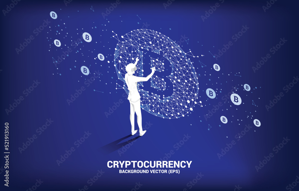 Poster silhouette man wear vr glasses with bitcoin icon from polygon dot connect line. concept for cryptocu