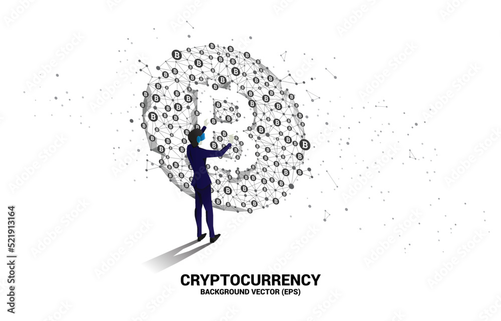 Poster silhouette man wear vr glasses with bitcoin icon from polygon dot connect line. concept for cryptocu