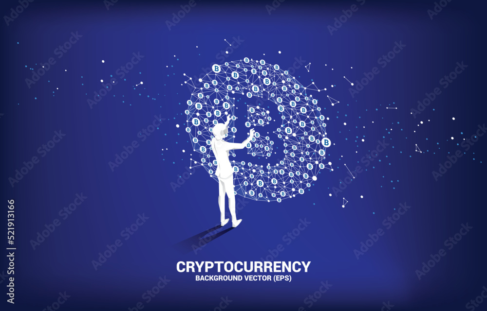 Poster silhouette man wear vr glasses with bitcoin icon from polygon dot connect line. concept for cryptocu