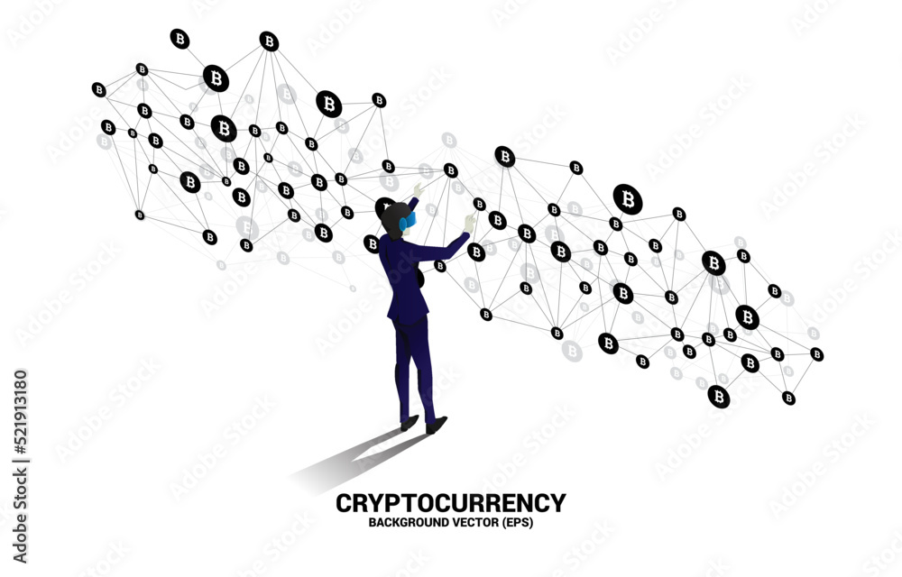 Poster silhouette man wear vr glasses with bitcoin icon from polygon dot connect line. concept for cryptocu