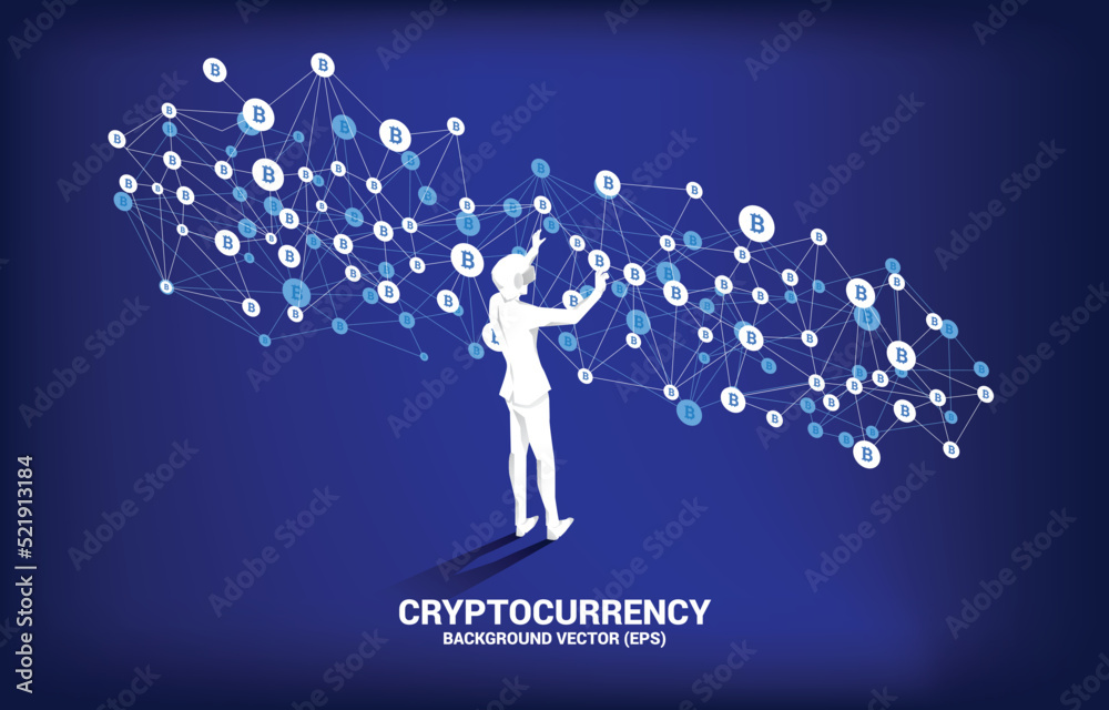 Poster silhouette man wear vr glasses with bitcoin icon from polygon dot connect line. concept for cryptocu