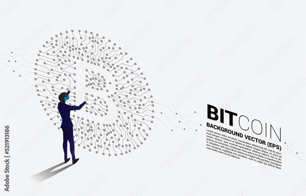Poster silhouette man wear vr glasses with circuit board style dot connect line. concept for cryptocurrency