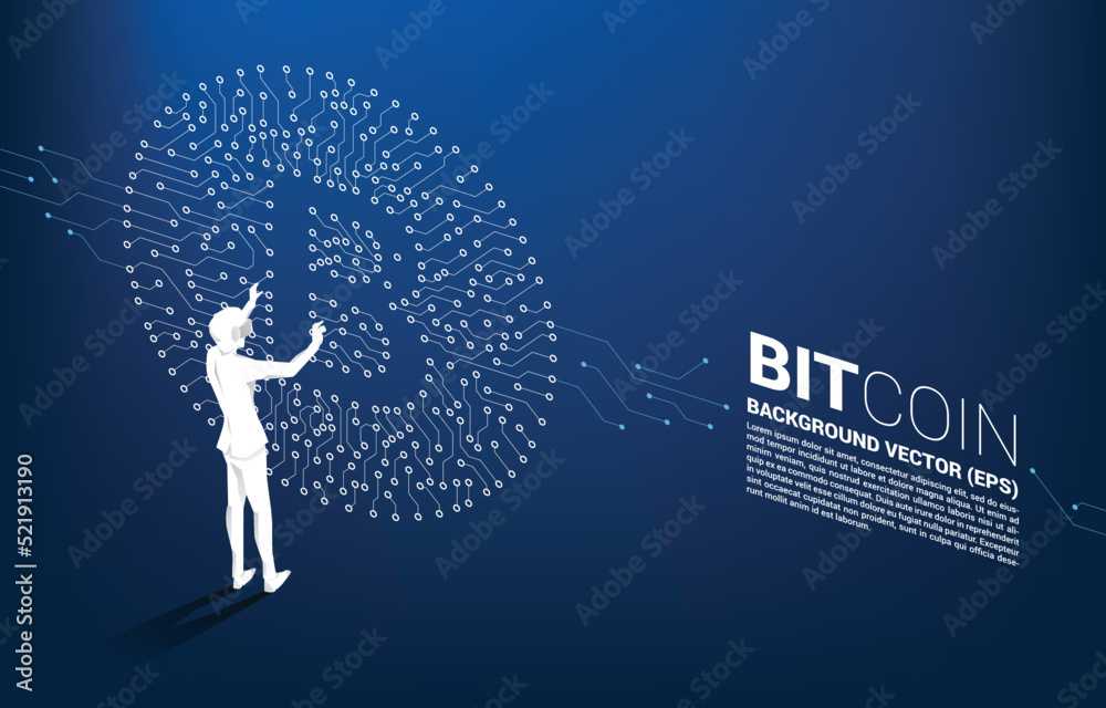 Poster silhouette man wear vr glasses with circuit board style dot connect line. concept for cryptocurrency