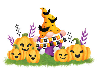 Watercolor Illustration Halloween Gnome and pumpkins 