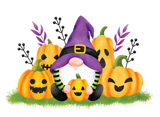 Watercolor Illustration Halloween Gnome and pumpkins 