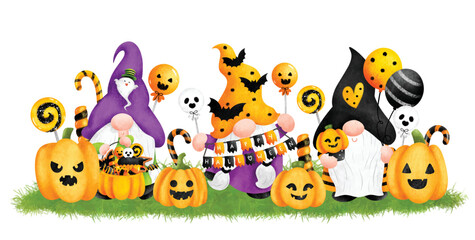 Naklejka premium Watercolor Illustration Halloween Gnomes and pumpkins 