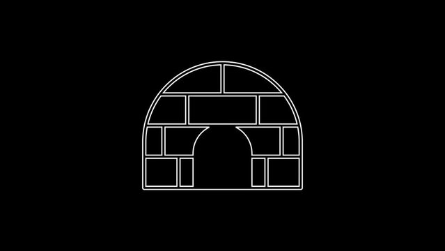 White line Igloo ice house icon isolated on black background. Snow home, Eskimo dome-shaped hut winter shelter, made of blocks. 4K Video motion graphic animation