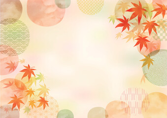 紅葉、手描き、抽象的な和柄水彩フレームデザイン