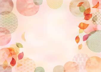 紅葉、手描き、抽象的な和柄水彩フレームデザイン