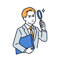 真剣な表情で虫眼鏡を覗く若いビジネスマンのシンプルなベクターイラスト素材