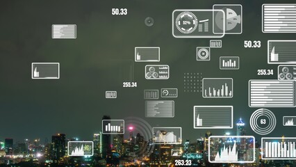 Business data analytic interface fly over smart city showing alteration future of business intelligence. Computer software and artificial intelligence are used to analyze big data for strategic plan .