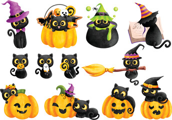 Obraz premium Watercolor Illustration set of Halloween back cat 