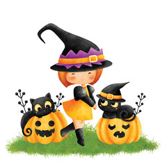 Watercolor Illustration Halloween Witch and Black cat 