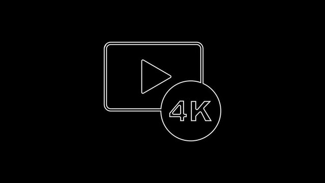 White line Screen tv with 4k Ultra HD video technology icon isolated on black background. 4K Video motion graphic animation
