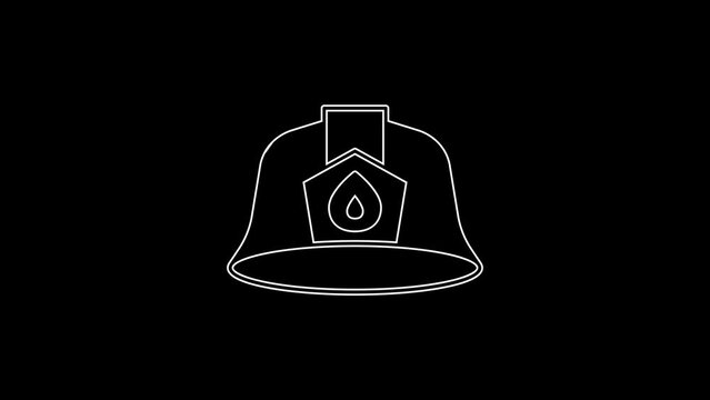 White line Firefighter helmet or fireman hat icon isolated on black background. 4K Video motion graphic animation