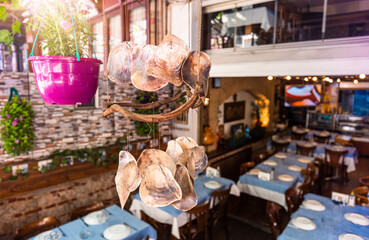 Turkey, restaurants of colorful Istanbul Karakoy old historic neighborhood near Galata Tower.