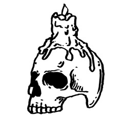 Fototapeta na wymiar Candle on skull black and white ink
