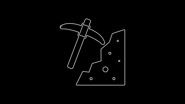 White line Pickaxe icon isolated on black background. 4K Video motion graphic animation