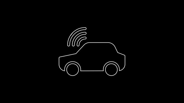 White line Smart car system with wireless connection icon isolated on black background. Remote car control. 4K Video motion graphic animation