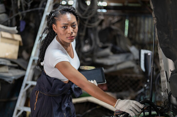 Mechanical girl wearing half overall suit perform mess electrical wiring short circuit  continuety...