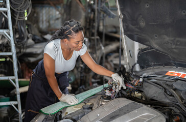 Mechanical girl wearing half overall suit perform mess electrical wiring short circuit  continuety...