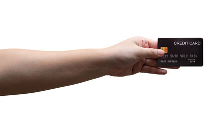 A close-up woman's hand holds a black credit card isolated on white background.