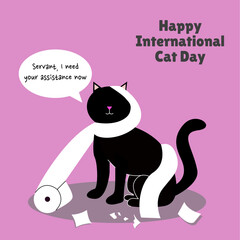 Happy International Cat Day Illustration. Black cat need assistant while playing with toilet paper. Suitable for greeting card and social media