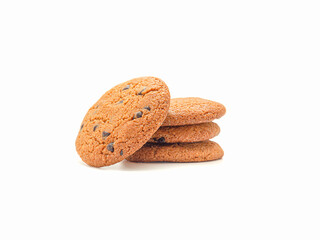 Pile of chocolate chip cookies on a white background. Close-up photo