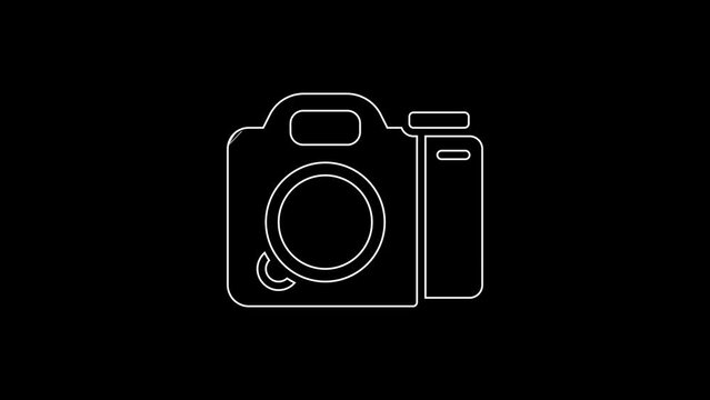 White line Photo camera icon isolated on black background. Foto camera. Digital photography. 4K Video motion graphic animation