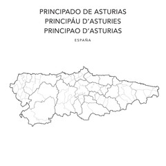 Geopolitical Vector Map of the Principality of Asturias with Judicial Areas, Comarques and Municipalities (Consejos) as of 2022 - Spain
