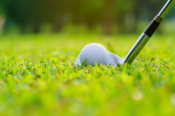 Golf ball on green grass ready to be struck on golf course