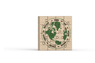 Circular economy icon on complete wooden puzzle, make, use, reuse, repair, recycle, donate, resale for sustainable consumption, save the planet zero waste eco concept