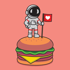 Cute astronaut standing in burger cartoon illustration