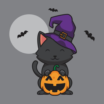 Cute cat in a hat and pumpkin cartoon illustration