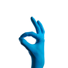 Human hands wearing Variation of latex glove, medical rubber glove isolated on white background.