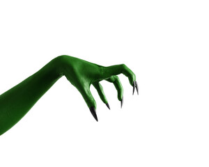 Halloween green color of witches, evil or zombie monster hand isolated on white background. © Phushutter